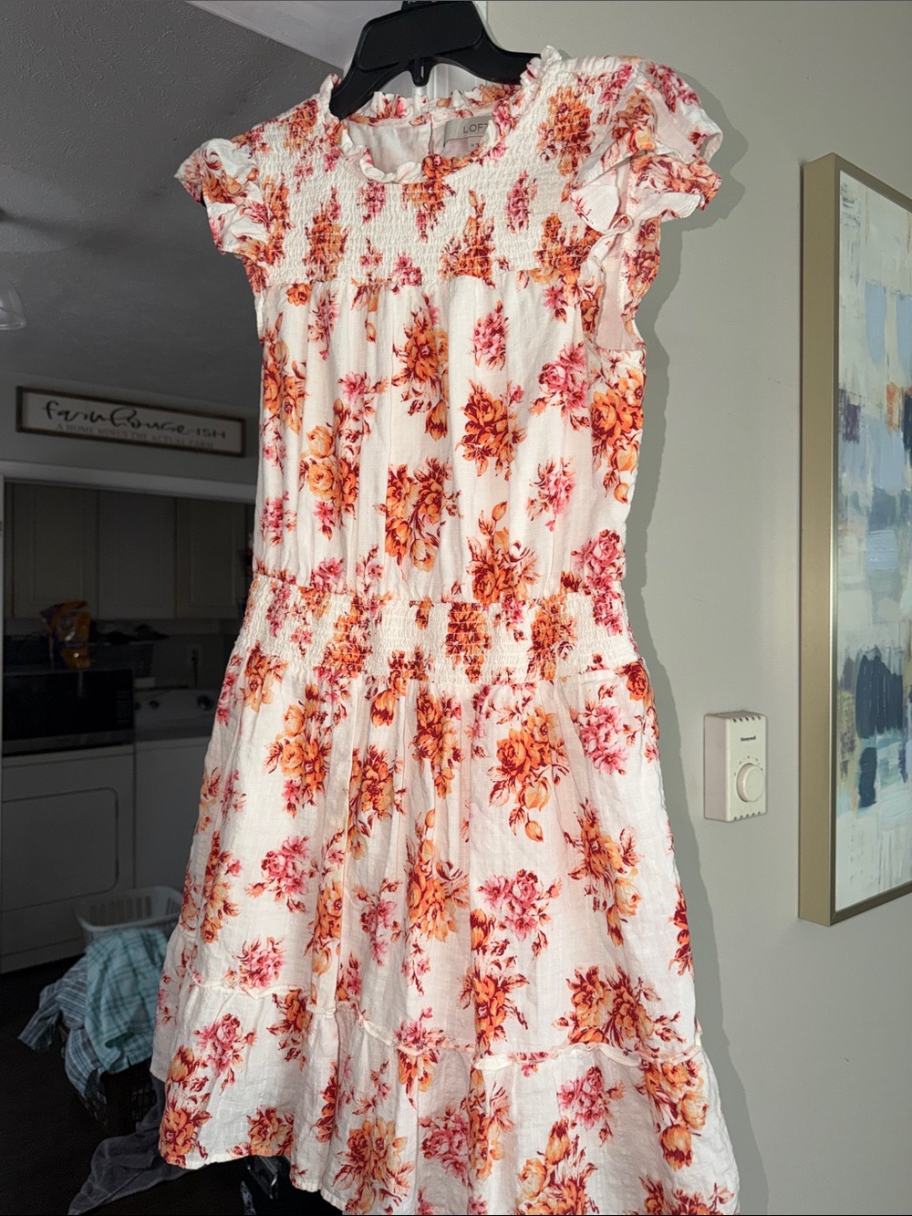 LOFT White Floral Sundress with Orange and Pink Bouquet Print